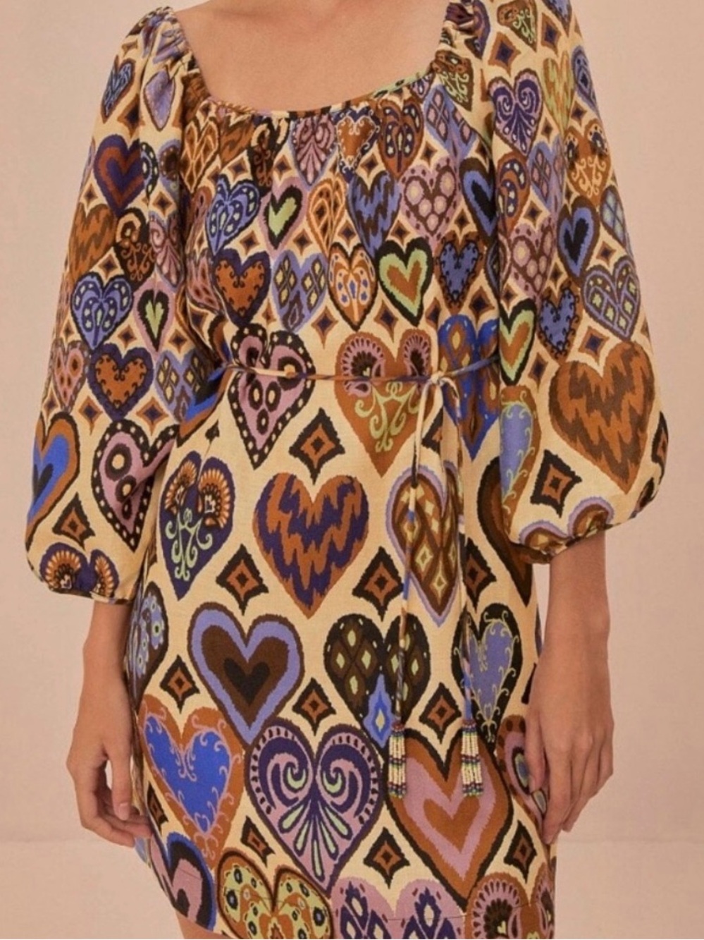 FARM Rio Heart-Print Ikat Mini Dress in Cream, Brown, Blue, Purple and Green XS